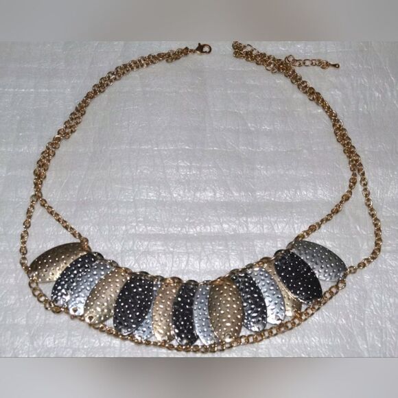Metal Oval Disks, Silver, Gold, Dark Gray Bib #necklace #jewelry #fashion - Picture 1 of 4